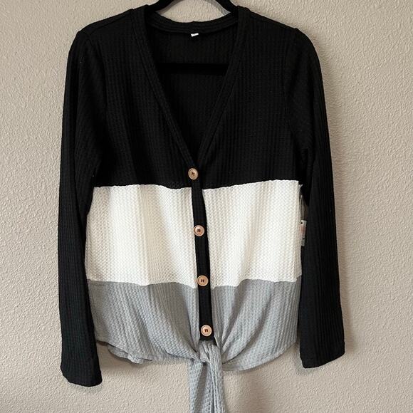 Color Blocking Button Down Tie Front V-Neck Waffle Knit Womens Long Sleeve Top - Picture 2 of 9